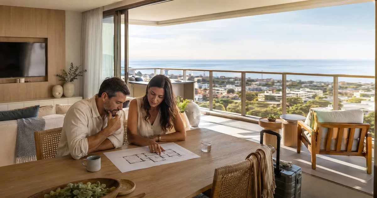 Casal analisa a planta de um apartamento contemporâneo com varanda e