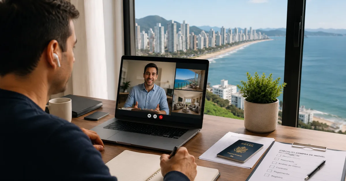 Brasileiro em atendimento por vídeo analisando imóvel e documentos