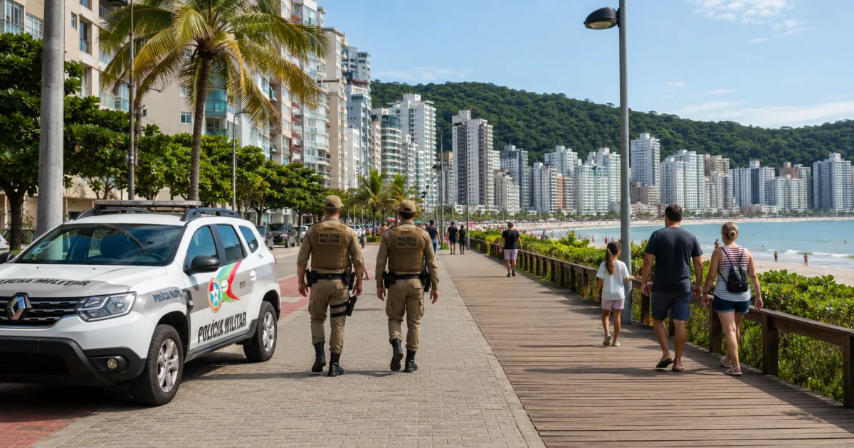 Varanda de apartamento no litoral com notebook e vista urbana